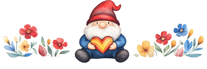 Fototapeta premium Cute gnome holding heart shaped rainbow decor surrounded by flowers
