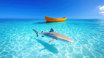 Tiger Shark Swimming in Crystal Clear Ocean Water near Wooden Boat