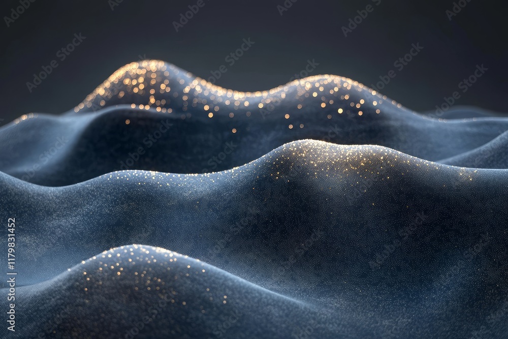 Poster shimmering textured waves of light and shadow in a dark atmosphere with glittery highlights, creatin