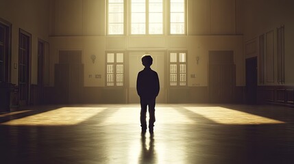Fototapeta premium Child standing in sunlit hall.