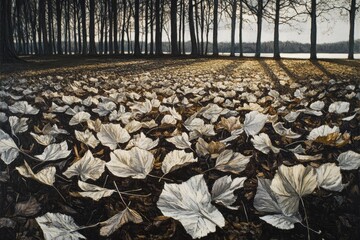 Obraz premium Silent Serenity of Autumn Leaves in a Forest Clearing Under Soft Morning Light with Long Shadows and a Calm Lake in the Background