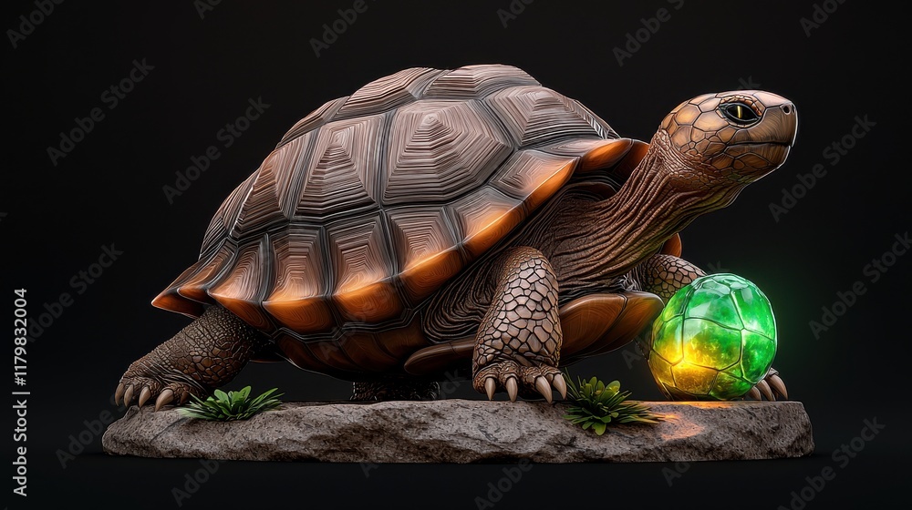 Poster glowing tortoise with mystical orb rendering