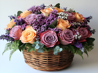 beautiful bouquet of pastel colored roses shades of pink and purple, surrounded by delicate greenery, evokes sense of joy and