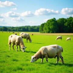 Obraz premium Flock of sheep grazing peacefully in a green meadow , grass, green