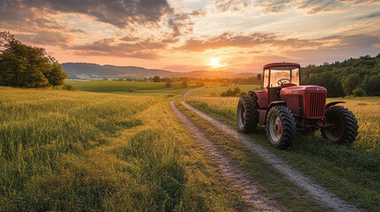 Old vintage red tractor on the village countryside field road in the morning sunrise, farming machinery, copy space.