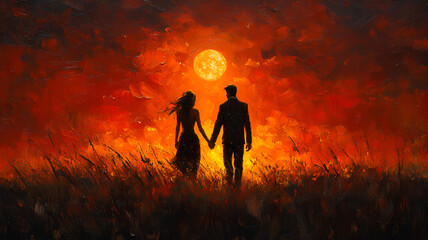 Fototapeta premium couple holding hands against vibrant sunset, symbolizing love and connection