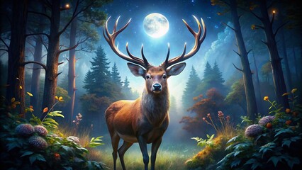 Majestic Deer with Antlers in Night Forest - Wildlife Stock Photo