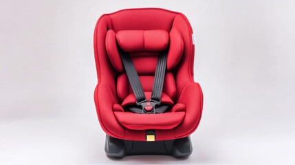 Red child car seat chair. safety and protection with black belt during transportation drive or travel with vehicle isolated on white background, comfortable passenger.