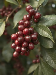 Ripe red coffee cherries cluster on a branch, plantation, harvest