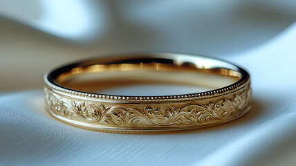 Elegant gold wedding ring with intricate engraving and detailed design