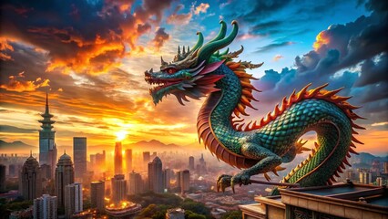 Fototapeta premium Majestic Dragon Soaring Over Cityscape - Double Exposure Fantasy Stock Photo