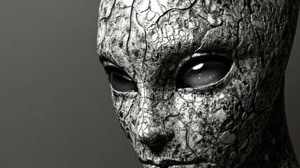 Close-up of a stony, alien-like face with dark eyes against a gray background.