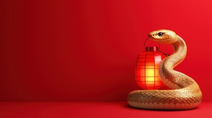 Fototapeta premium Glowing Golden Snake with Lantern on Red Background