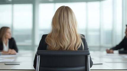 woman with long blonde hair sits in modern office, facing meeting table with colleagues. atmosphere is professional and focused, ideal for business discussions