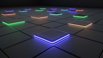 Neon Illuminated Squares Arranged On A Gridded Floor