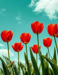Obraz premium tulips with rich green leaves and a warm abstract blue background
