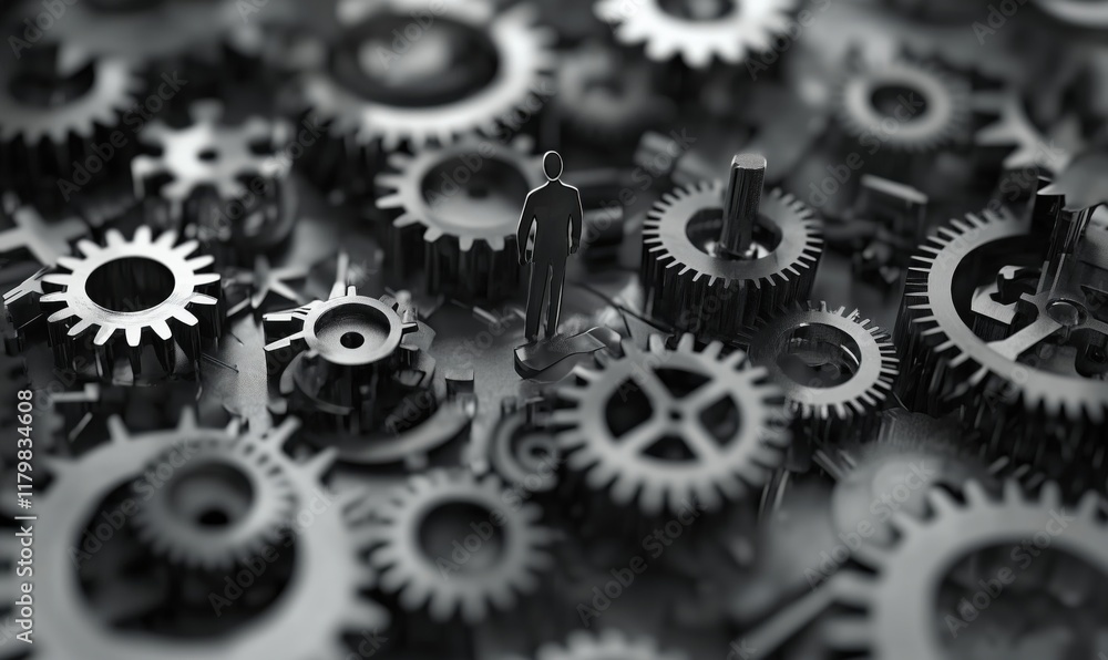 Poster man standing amidst intricate gears and cogs, symbolizing industry and mechanics, showcasing a compl