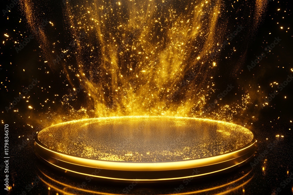 Poster sparkling golden particles emanating from a reflective surface in a dark background, creating a magi