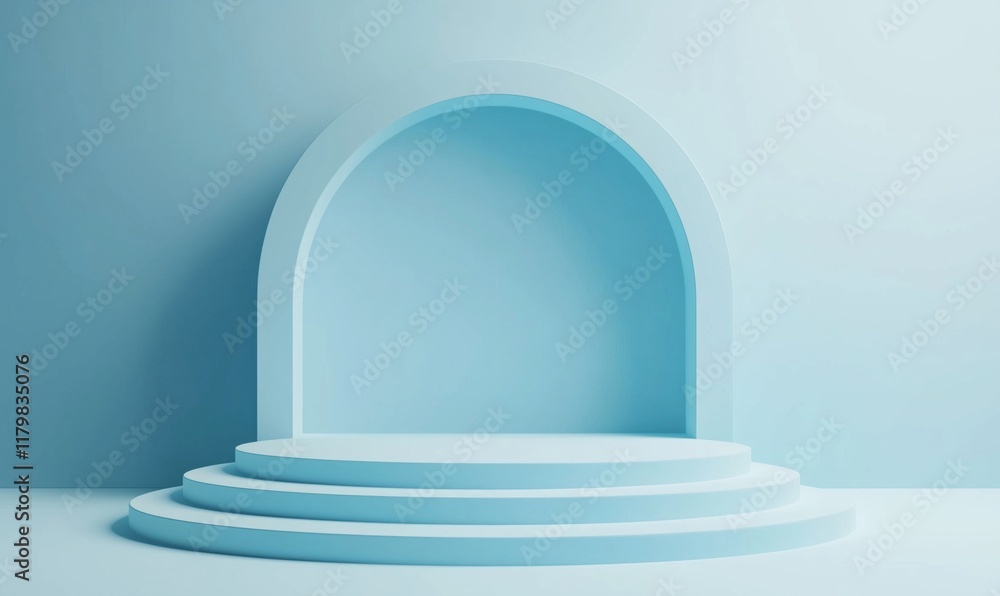 Poster minimalist blue archway display platform with steps, perfect for showcasing products or art in a ser