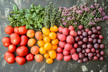 Vibrant Summer Harvest: Colorful Tomatoes, Plums, and Fresh Herbs