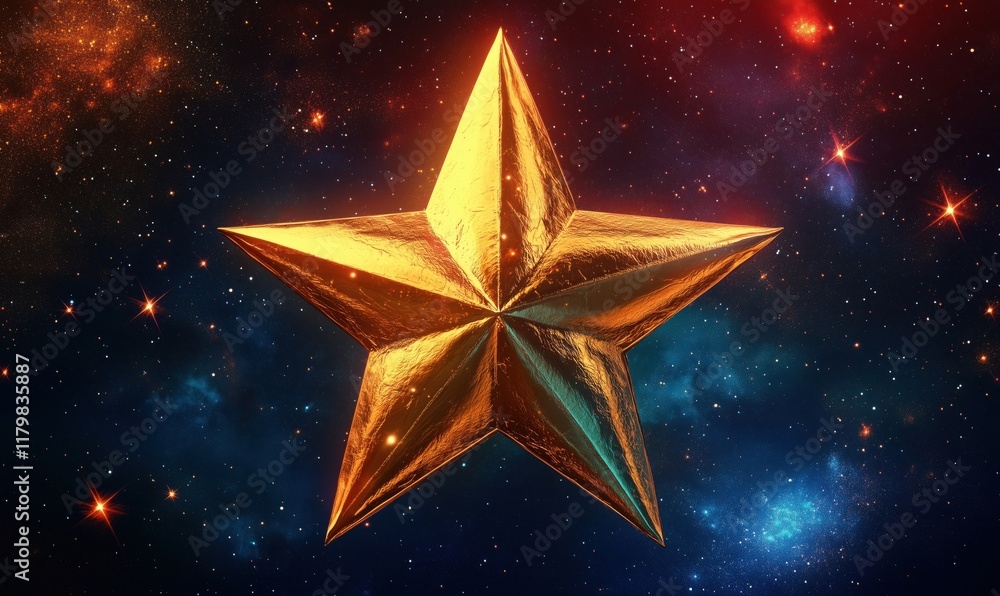 Poster golden star in cosmic space with vibrant colors and celestial background, showcasing a three-dimensi