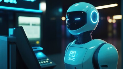 Futuristic Robot at a Modern ATM  -  AI Banking Technology of the Future