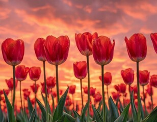 tulips , set against a fiery orange background