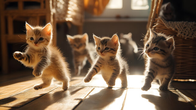 A group of kittens tumbling and playing in a patch of sunlight on a wooden floor, their tiny paws and playful antics capturing the joy of youth 