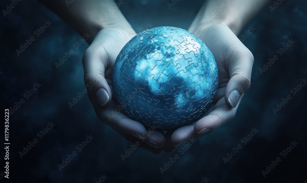 Poster puzzle globe held in hands symbolizing global unity and interconnectedness, reflecting environmental