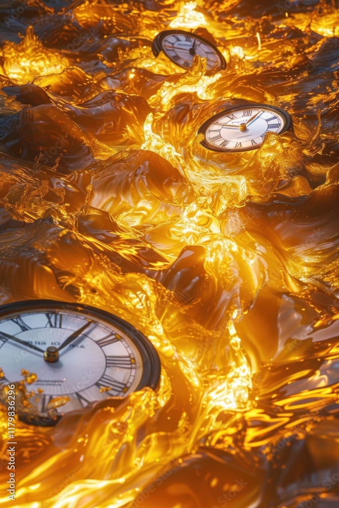 Poster golden liquid flows like a river, with submerged clocks and glowing textures, creating surreal refle