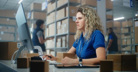 Female logistics specialist scans parcel using barcode scanner, checks data using computer. Sorting center employees checking cardboard boxes for shipping to clients. Load department of postal service