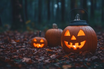 Fototapeta premium Spooky Halloween Pumpkins Glowing in the Forest Surrounded by Fallen Leaves at Dusk with a Mysterious Atmosphere of Autumn Celebration and Festive Decorations