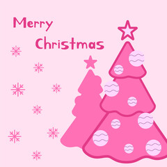 Pink New year Christmas Tree greeting card. Cute pink style. Happy New year. Merry Christmas. Decoration, typography. Banner, brochure, poster, card. Vector illustration.