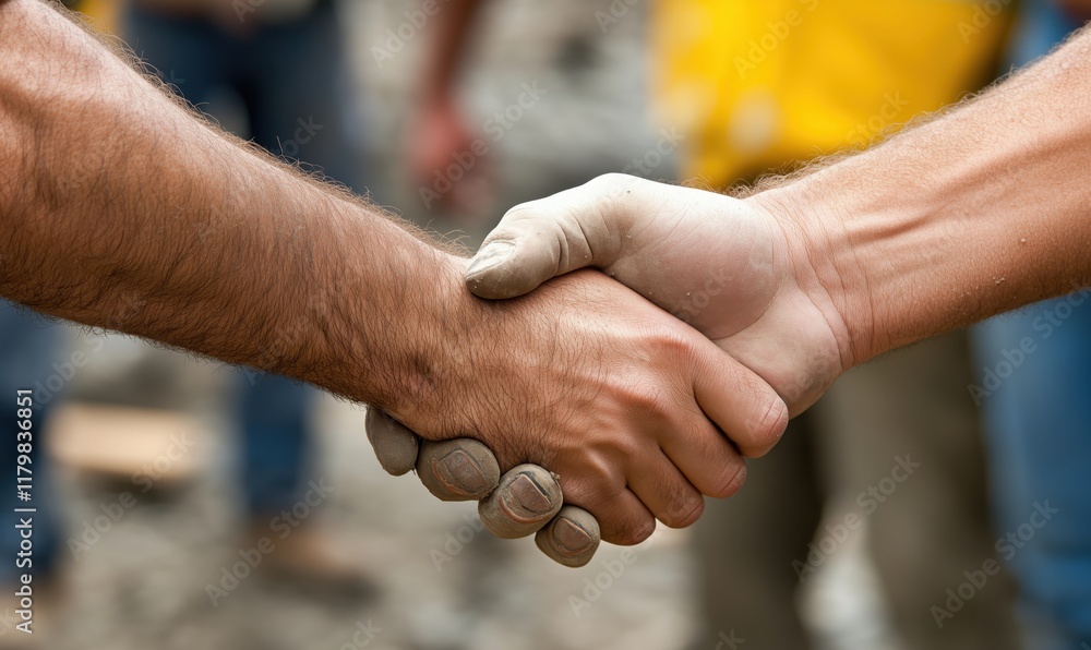Poster handshake between construction workers symbolizing teamwork and collaboration on a project site