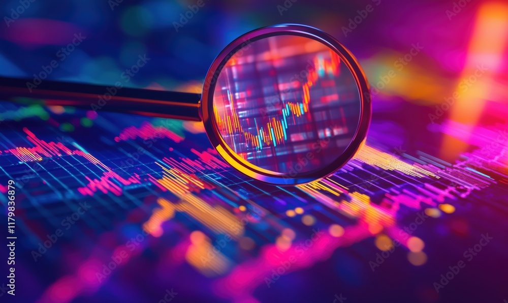 Poster magnifying glass focusing on vibrant stock market data visualization, highlighting financial trends 