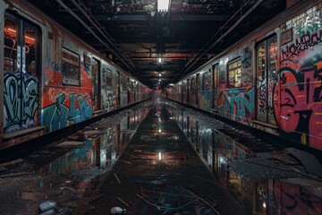 Graffiti-covered trains rest in an abandoned subway, with water pooling and faint lights creating an eerie glow