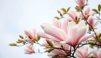 Obraz premium Pink Magnolia Blossoms Branch Soft Pastel Sky Background