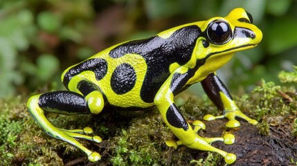 Obraz premium A vibrant yellow and black frog perched on a mossy surface, showcasing its striking coloration amidst a lush green background.