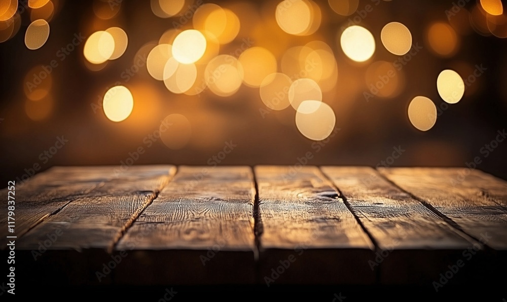 Poster wooden table surface with warm bokeh lights background creating a cozy atmosphere for product displa