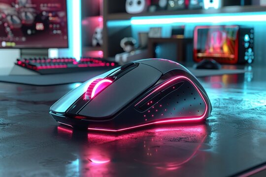 A glowing gaming mouse sits on a tech-inspired desk, surrounded by vibrant holographic elements and dynamic lighting