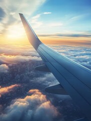Obraz premium Experience an enchanting morning flight as the warm sunlight beautifully illuminates the airplane wing sitting above a sea of white clouds, while breathtaking views of the sprawling city unfold below