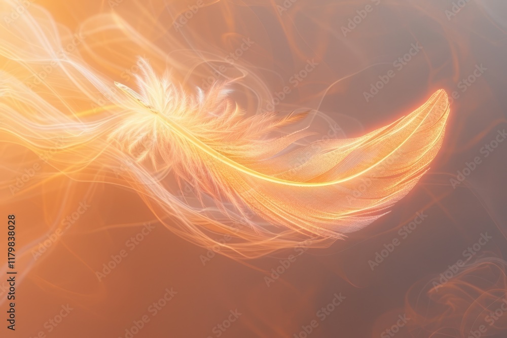 Aufkleber a delicate feather glows softly, surrounded by swirling trails of light, creating an ethereal and ca