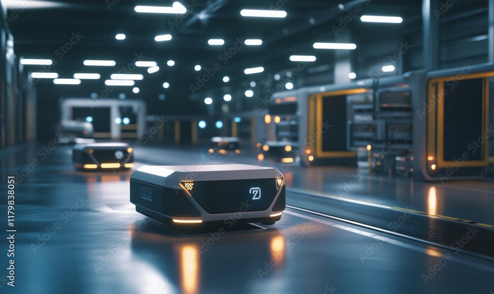 Poster autonomous robots navigating modern warehouse environment with advanced technology and efficient log