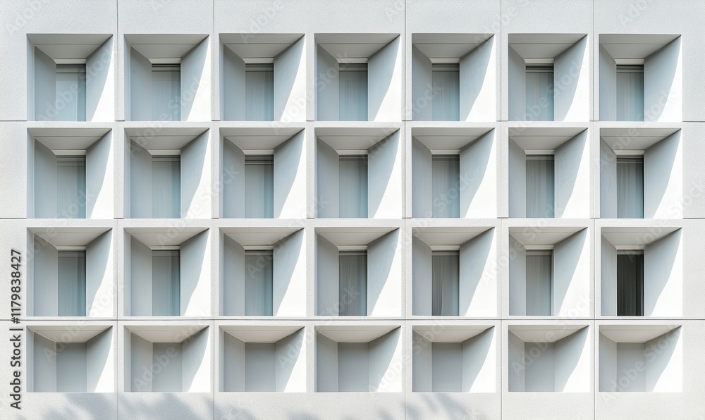 Poster geometric facade design featuring repetitive square window patterns with shadows and light play, mod
