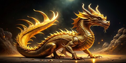 Fototapeta premium Majestic Golden Dragon: Full Body 3D Render, Long Exposure Photography
