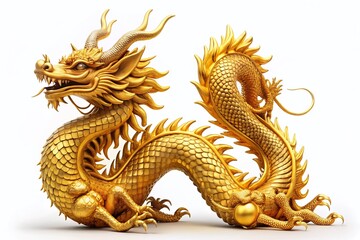 Majestic Golden Dragon, Isolated on White Background - High-Resolution Stock Photo