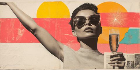 Stylish woman with sunglasses holding champagne glass, celebrating joyfully against vibrant background of colors and patterns, exuding confidence and glamour