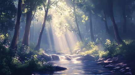 Obraz premium A serene forest scene with sunlight filtering through trees over a calm stream.