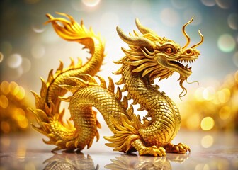 Obraz premium Majestic Golden Dragon Statue, Isolated on White Background - Regal Asian Mythical Creature