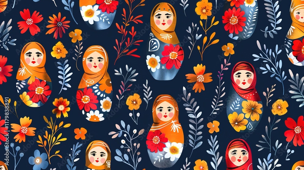 Wall mural russian matryoshka pattern seamless wallpaper